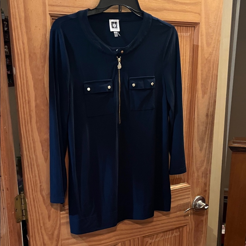 Anne Klein Midnight Blue Blouse with Zipper Detail